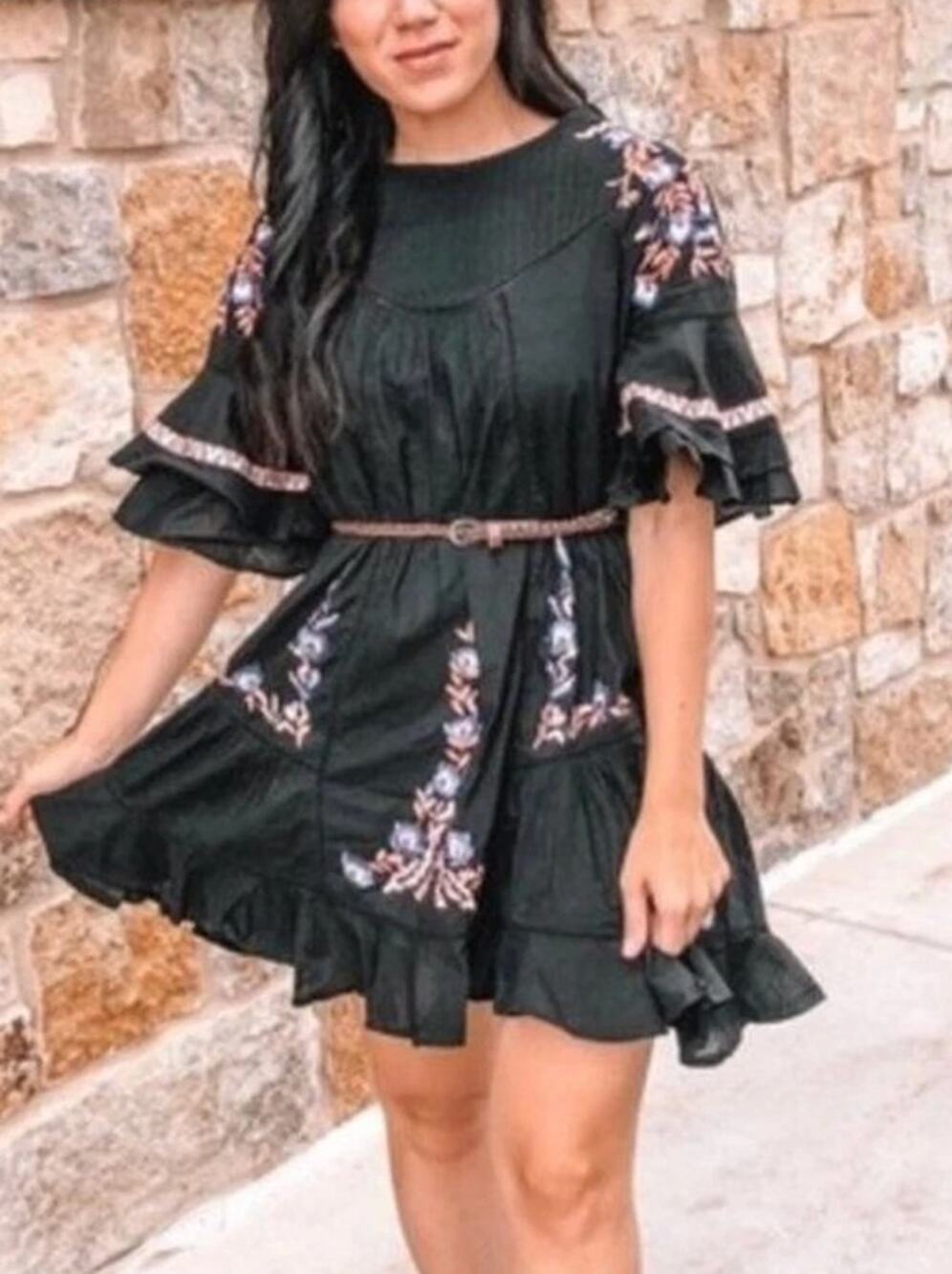 Free People Pavlo Floral Embroidered Black Mini Dress Sz Small Boho Cottagecore